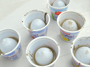 Eierbecher aus Beton - Die Form wird durch ein Plastikei und eine beliebigen Plastikbecher gegeben.