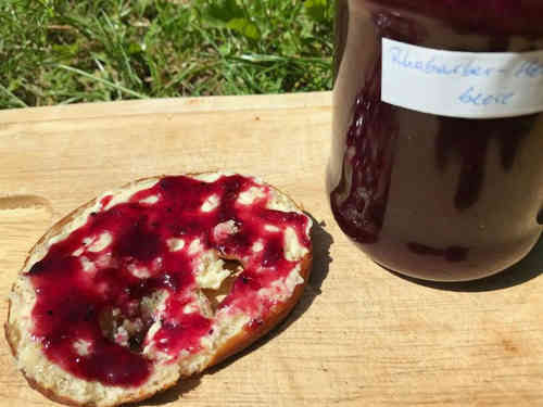 Selbstgemachte Rhabarber-Heidelbeer-Marmelade schmeckt besonders gut auf frischer Brezel.