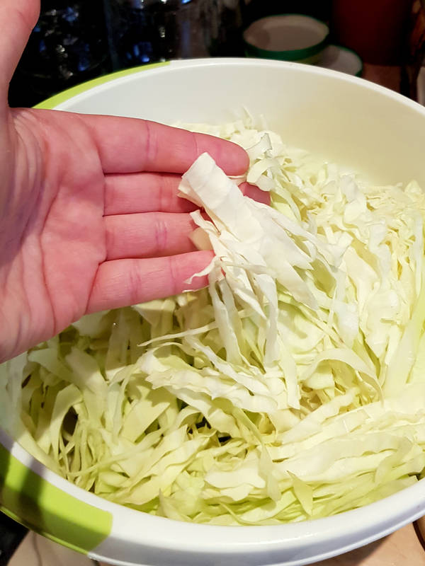 Schneide den Spitzkohl in Streifen für dein leckeres Sauerkraut.